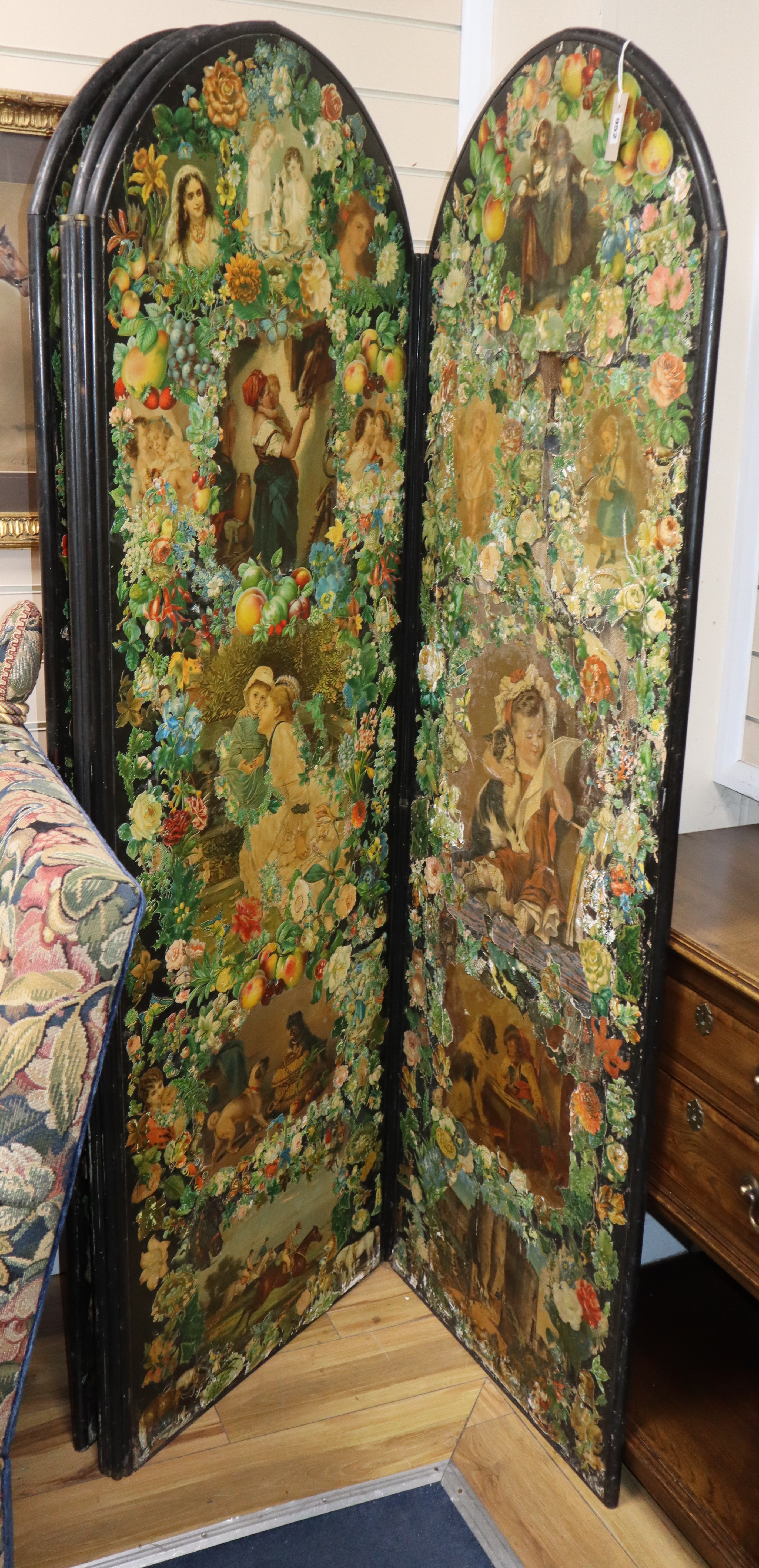 A Victorian four fold scrap screen H.185cm